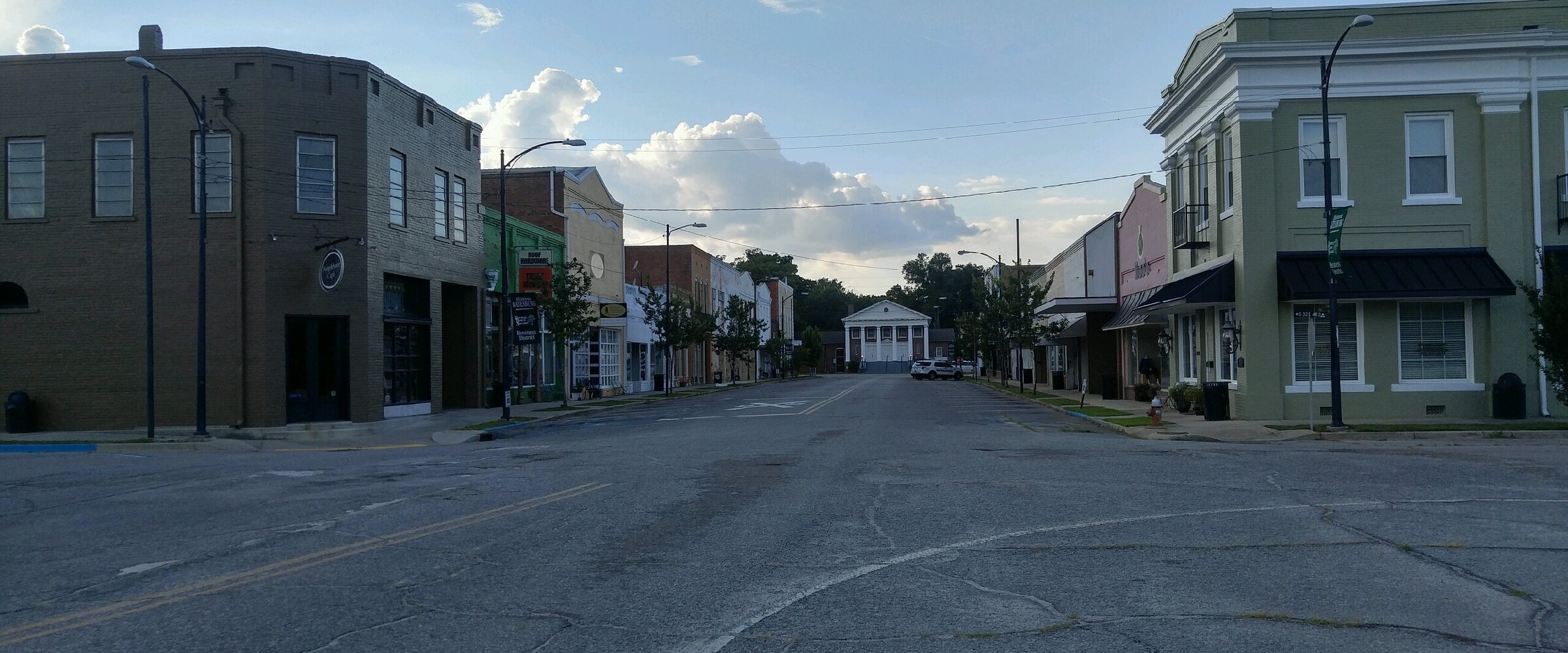 Historic storefronts along Oak Street in downtown Batesburg-Leesville, South Carolina.