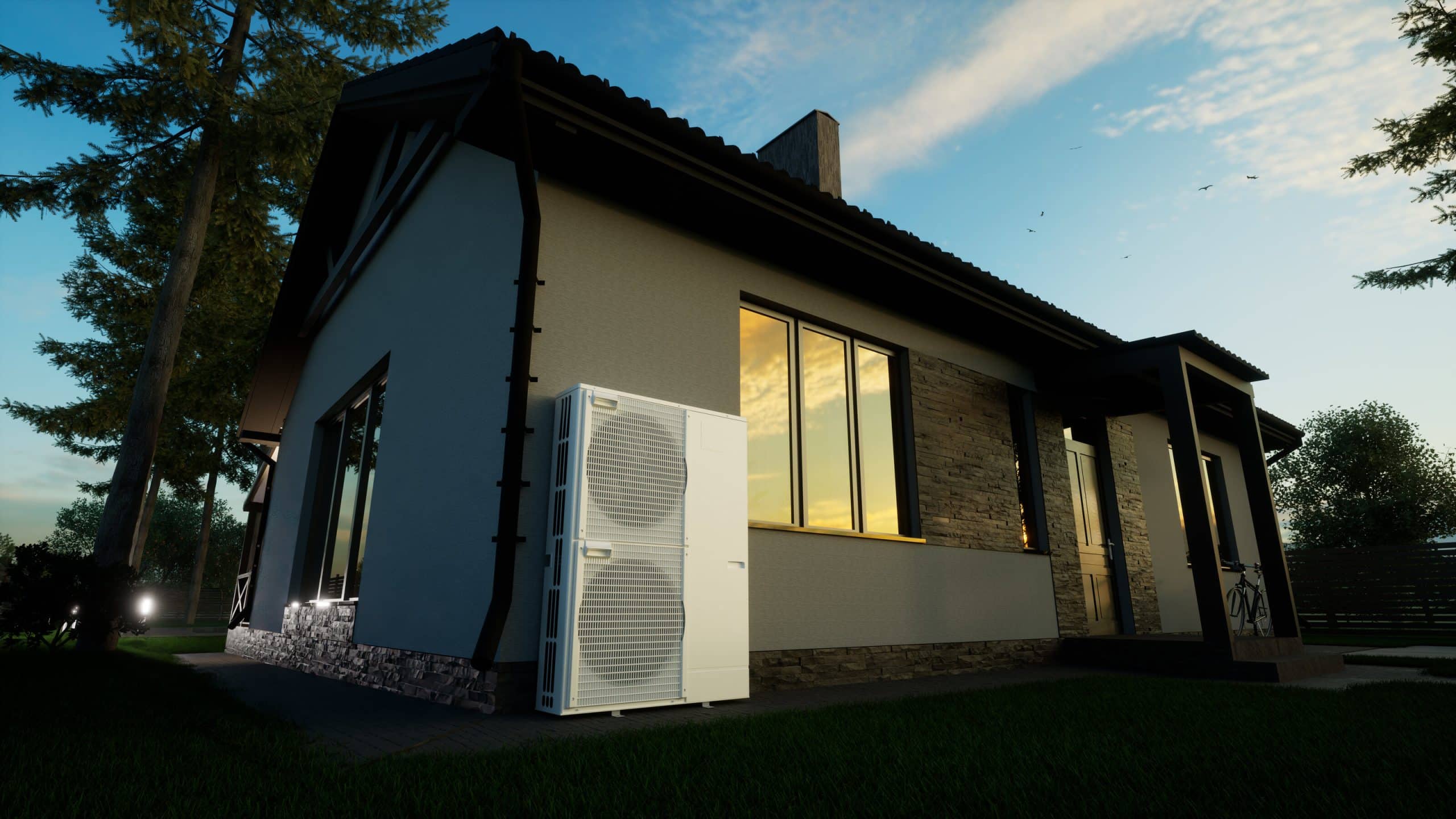 Residential home exterior at dusk with a white outdoor air-conditioning unit beside an illuminated window.